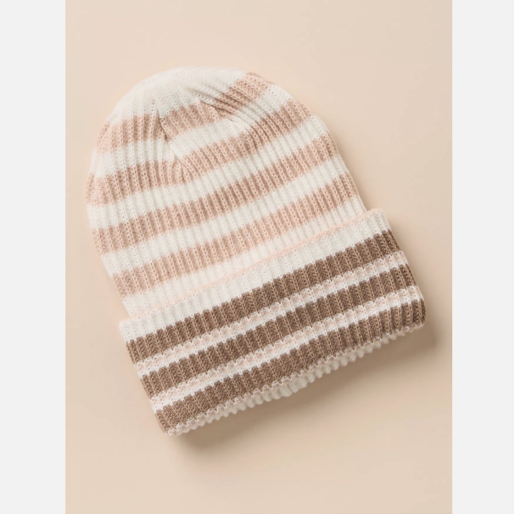 Anthropologie Ribbed Striped Beanie in Cream, Pink, and Brown